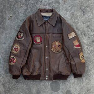 Vintage 90s Avirex "All Aces No Jokers" 55th Fighter Wing Brown Leather Jacket